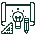 An icon with a light bulb, pencil and paper for planning projects