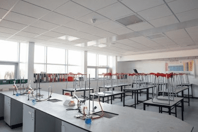 Image of a lab classroom at a British secondary school.
