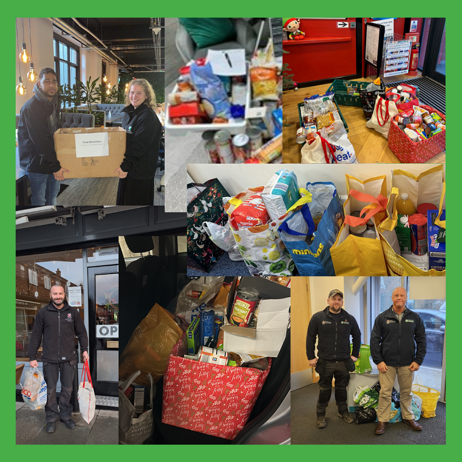 Image compilation of people from across the Group taking part in foodbank initiatives.